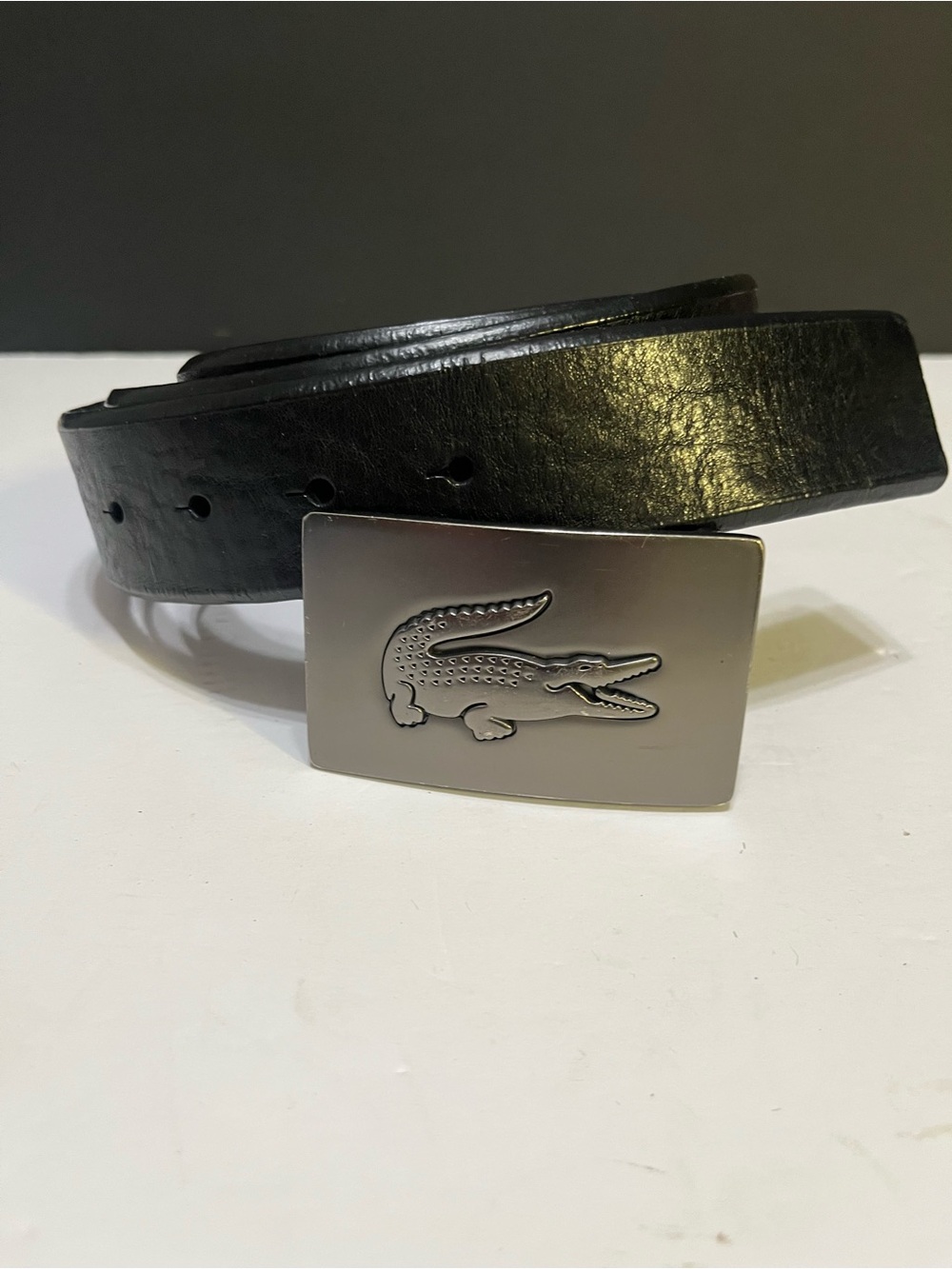 Lacoste Black Leather Belt with Silver Croc Plaque Buckle